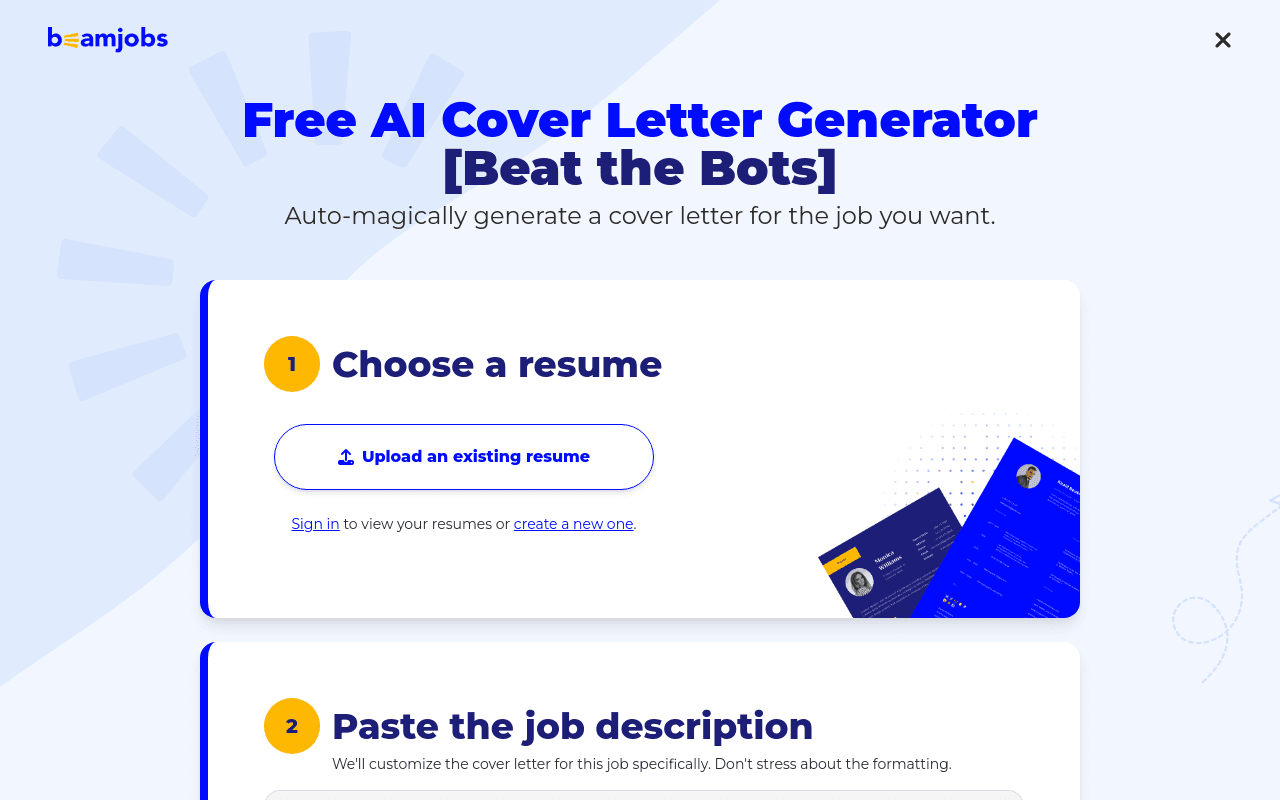 BeamJobs Free AI Cover Letter Generator