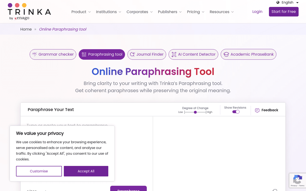 Trinka Paraphraser tool